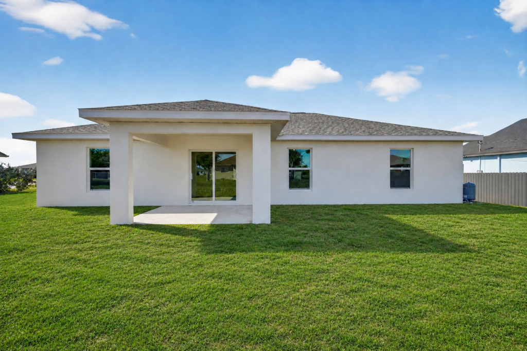 Rear view of white house with covered patio and lawn