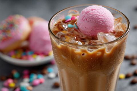 Iced coffee topped with pink ice cream and sprinkles, with sprinkled donuts behind
