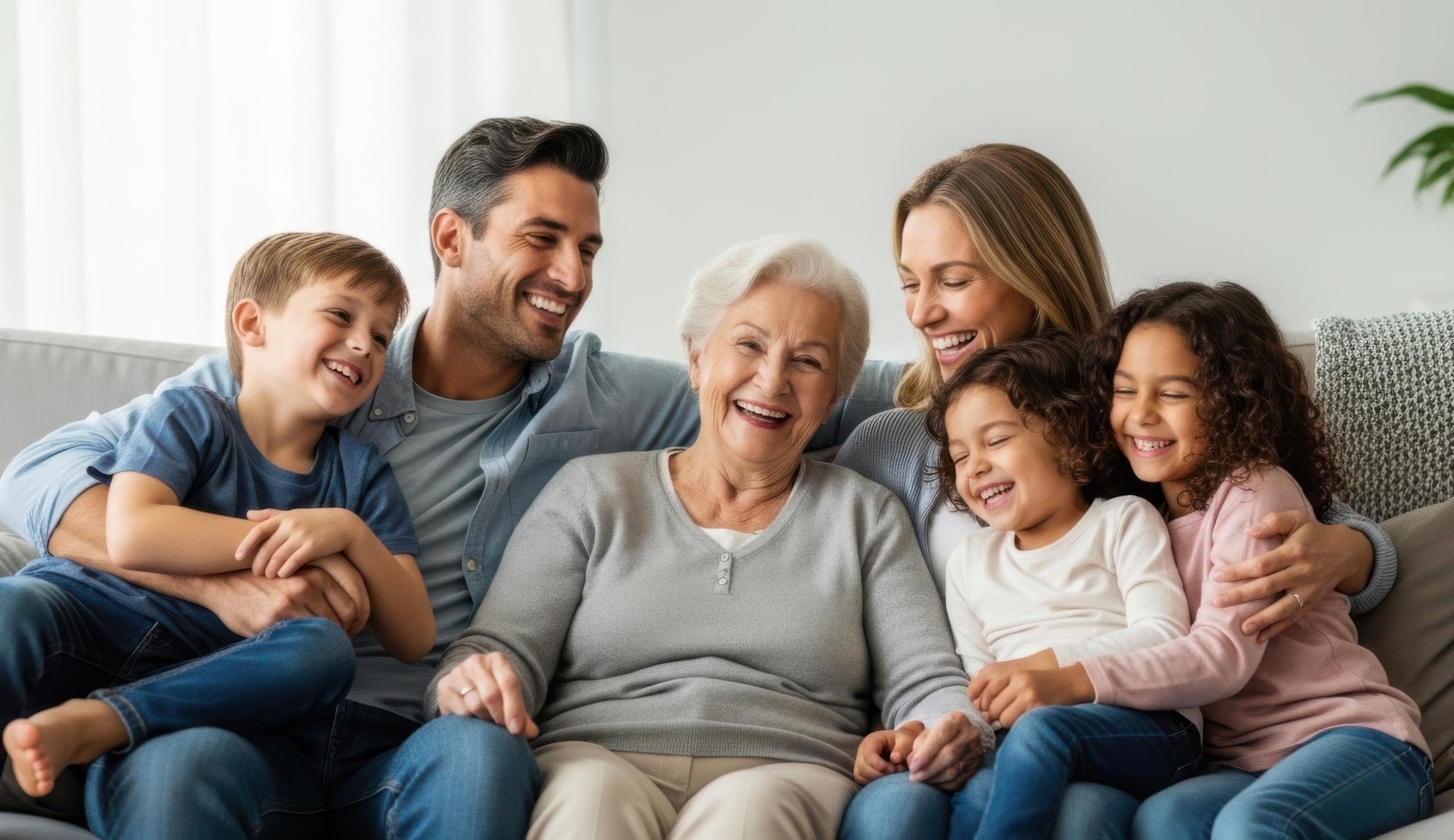 Smiling multigenerational family sitting together on a couch