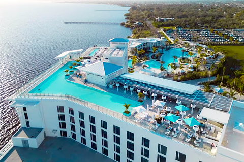 Aerial view of Sunseeker Resort and its rooftop pool on Charlotte Harbor