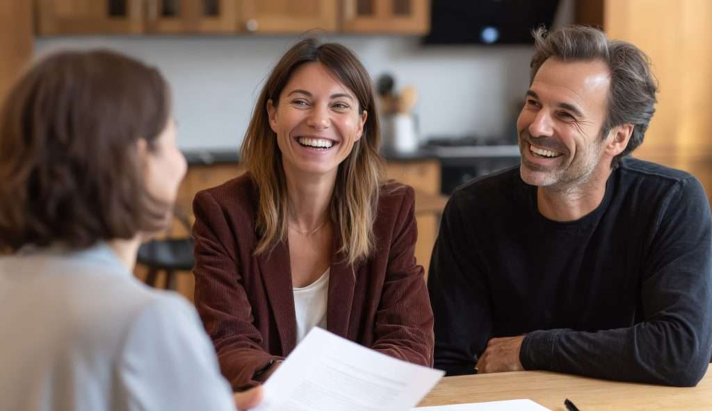 Couple meeting with a home advisor to review paperwork