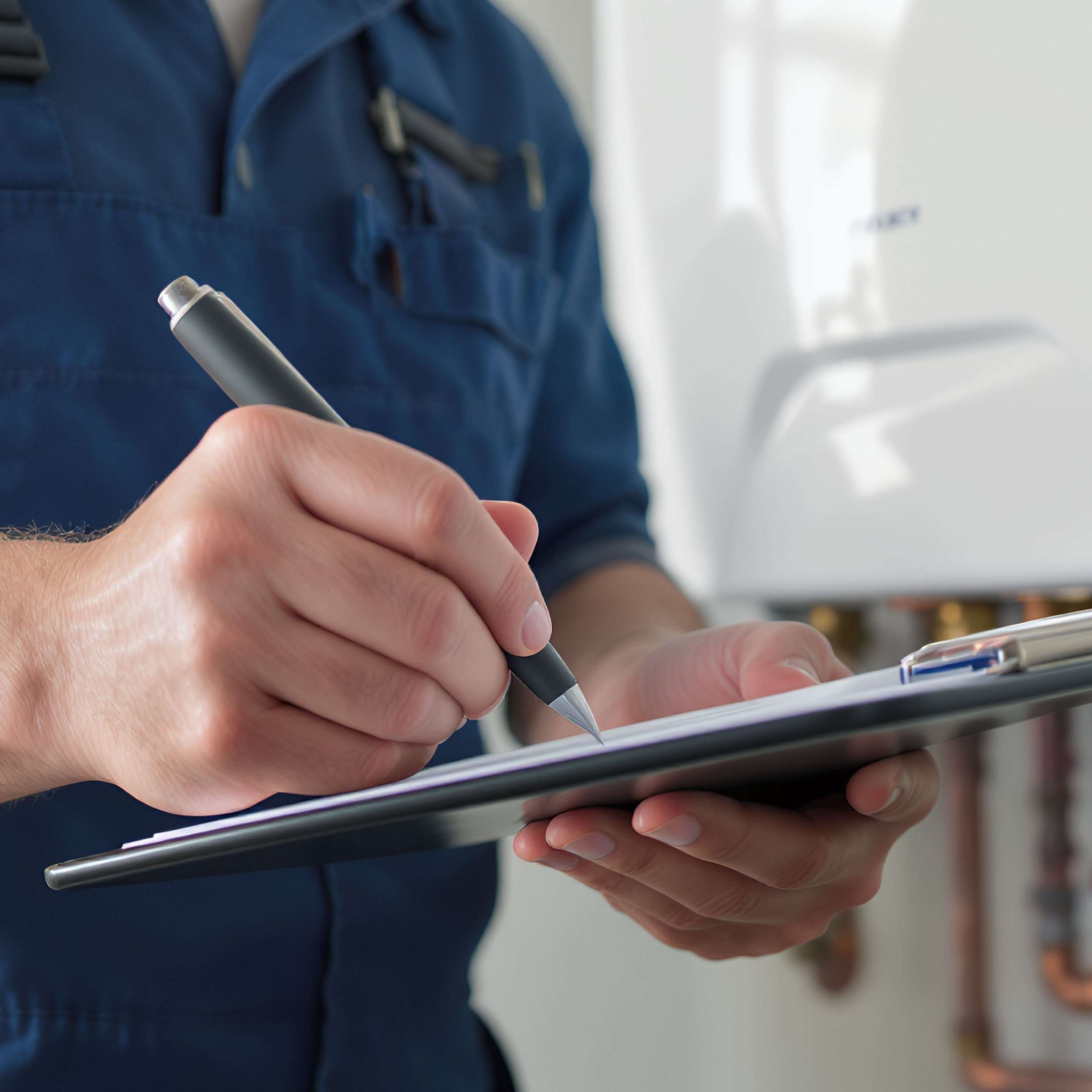 Hand signing a document on a clipboard during a home inspection