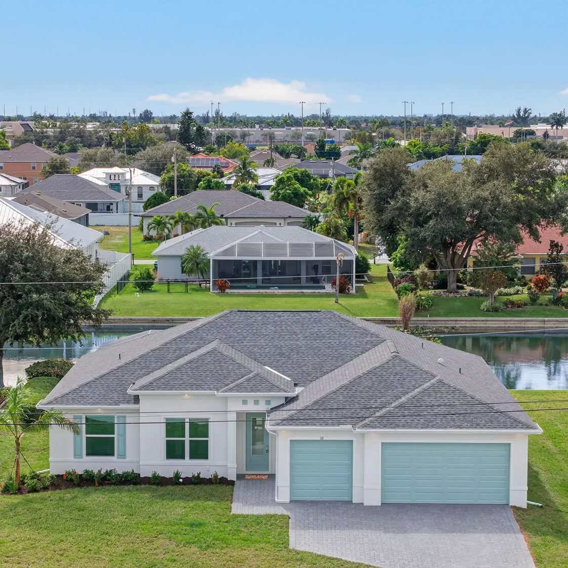 Aerial view of homes in a Cape Coral neighborhood